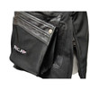 Close-up of black Nica shooting jacket with leather bellows pocket and side zipper.