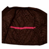 Brown quilted jacket interior with pink accent, angled view.