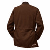 Brown Nica Design8 women's shooting jacket, back view, rib-knit collar, cinched waist, logo on hem.