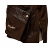 Brown shooting jacket, leather accents, zippered side, front pockets, Nica logo.