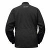 Black shooting jacket, back view, Nica logo, ribbed collar, cinched waist, nylon shell.