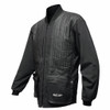 Black shooting jacket with quilted leather front, nylon sleeves, and multiple pockets; Nica brand.