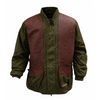 Olive green jacket with brown leather accents, multiple pockets, and a rib-knit collar.