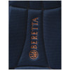 Close-up of a blue Beretta backpack with orange embroidered logo and stitching.