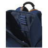Open navy blue backpack interior with orange trim, showing mesh pockets and pen loops.