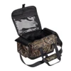 Camo blind bag with open lid, clear interior pocket, and shoulder strap.