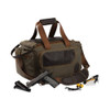 Browning Laredo shooting bag in olive canvas with leather accents, gun, magazines, earplugs, and glasses