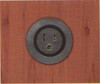 Round, dark gray electrical outlet on a wood-grain background.