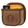 Brown canvas shell carrier with leather trim and Browning logo, holding a box of shells.