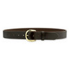 Brown leather belt with a gold buckle.