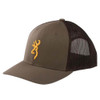 Brown Browning trucker cap with yellow Buckmark logo, mesh back