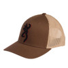 Brown Browning trucker hat with black and red buck logo, mesh back