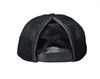 Black mesh trucker hat with crisscross elastic back for ponytails