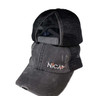 Black Nica crisscross ponytail hat with distressed fabric and mesh back.