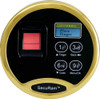 Gold-rimmed SecuRam biometric fingerprint safe lock with keypad and LCD screen.