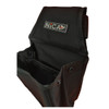 Black polyester Nica Teams Collapsible Shooting Pouch, open with divided pockets, logo patch, and side snaps.