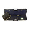 Open navy Negrini double shotgun case with plush interior and accessory box.