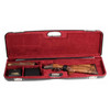 Open Negrini shotgun case, red interior, gun, wood, black trim.