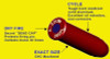 Red and blue A-Zoom .38SPL snap cap, aluminum, yellow background, text labels.