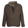 Brown reversible parka with camo interior, full zip, Wicked Wing logo.