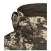 Close-up of a camo parka with a hood, buttons, and drawstrings; earthy tones and durable material.
