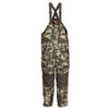 Browning Auric insulated bibs. Camo pattern with brown accents, adjustable straps, and zippered pockets.