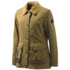 Brown Beretta women's field jacket. Corduroy collar, button-up front, multiple pockets, and Beretta logo on the sleeve.