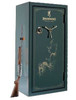 Green gun safe with Browning logo, shotgun attached to the side.