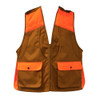 Brown and orange upland hunting vest with front pockets, padded shoulders, and a blaze backside.