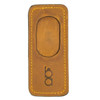 Tan leather Bob Allen magnetic barrel protector, yellow stitching, oval cutout, logo.