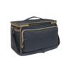 Ebony and otter-colored cartridge bag with shoulder strap and handle. Durable material.