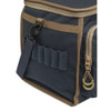 Dark gray and tan Beretta cartridge bag, close-up view. Durable material, side pocket with zipper, strap with clip.