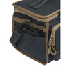 Ebony and otter-colored cartridge bag with shoulder strap, black clip, and zipper.
