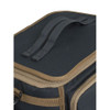 Black and tan cartridge bag, top handle, zippers, durable material, close-up view.