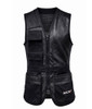Black shooting vest with leather and mesh panels, multiple pockets, and a zip closure. LEFT HAND