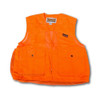Blaze orange Gamehide quail vest, mesh panels, quilted shoulder patches, front pockets, and a game bag.
