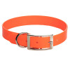 Orange Mendota Biothane dog collar with silver buckle and D-ring, waterproof synthetic material.