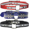 Red, blue, and black OmniPet reflective dog collars with center rings and silver accents.