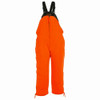Blaze orange insulated hunting bibs with black straps and zipper, straight-on view.