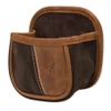 Brown and tan leather shell box carrier, ambidextrous design, heavy-duty fabric, Browning logo, steel belt clip.