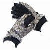 Camouflage gloves, black grip, black cuffs, angled view, outdoor gear, Browning brand.