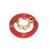 Red coated steel dog tie-out cable with brass swivel clips, coiled.
