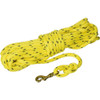 Yellow dog training check cord with black flecks, brass clasp, and knotted loop.