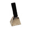 Silver cowbell with black strap, angled view.