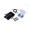 Blue Beretta earplugs, case, tips, cord, and pouch on white.