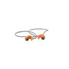 Orange silicone earplugs with black cord, white background.