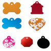 Assorted dog tags in various shapes: bone, fire hydrant, heart, circle, and octagon. Colors include orange, red, blue, pink,