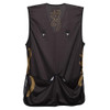 Black and gold Browning shooting vest, mesh fabric, back view, logo, shell pockets, metal clips.