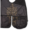 Black shooting vest with gold scroll design, mesh fabric, pockets, and a zipper.