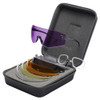 Purple shooting glasses, multiple lenses, black case, frameless design, adjustable temples.